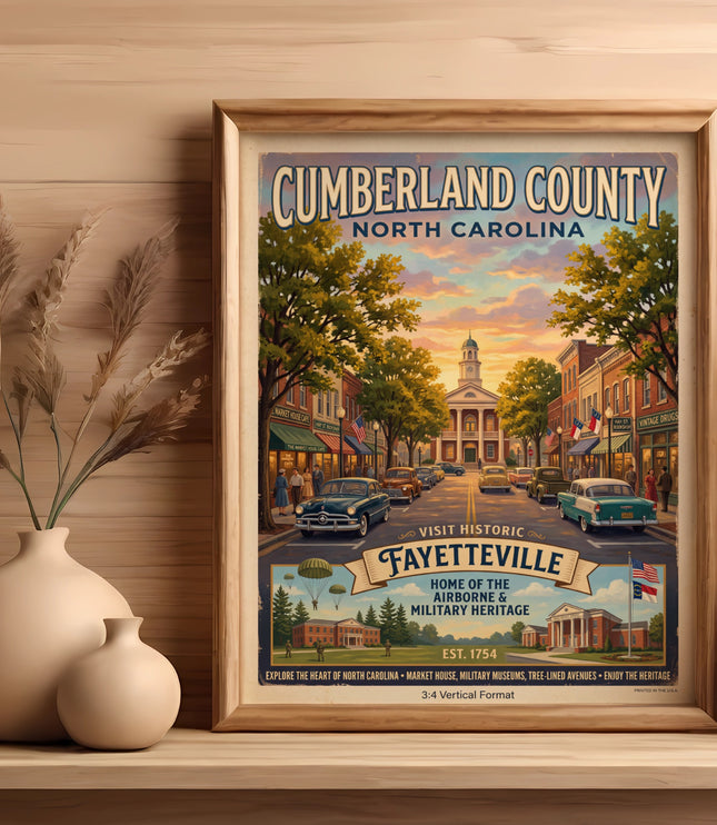 Cumberland County North Carolina vintage travel poster featuring Fayetteville.