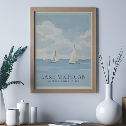 Vintage poster of sailboats on Lake Michigan with text.