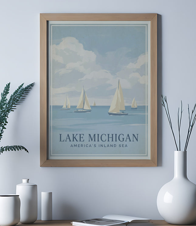 Vintage poster of sailboats on Lake Michigan with text.