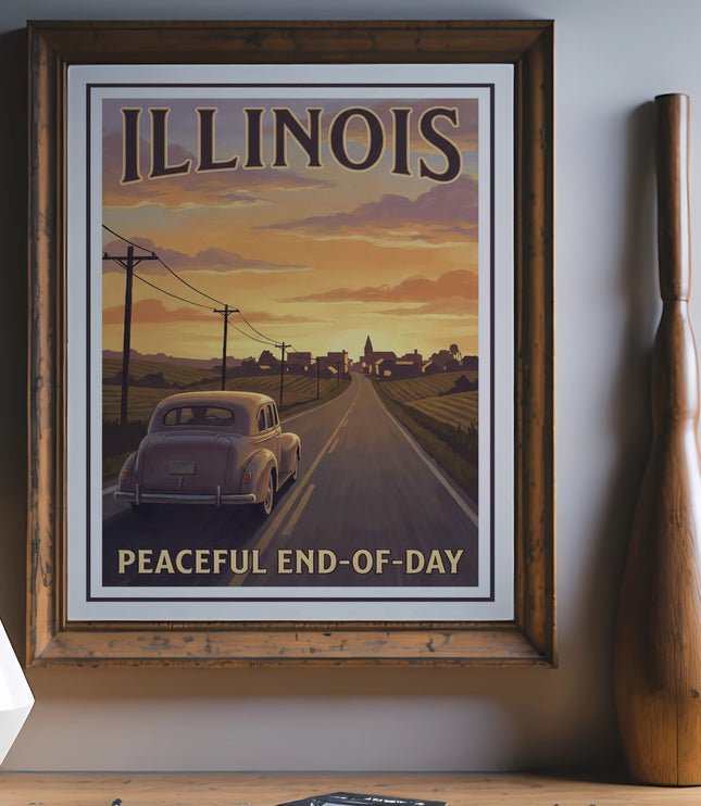 Framed "Illinois Peaceful End-of-Day" poster featuring a vintage car on a road.