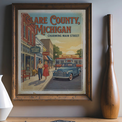 Vintage poster of Clare County, Michigan charming main street with antique stores and diner.