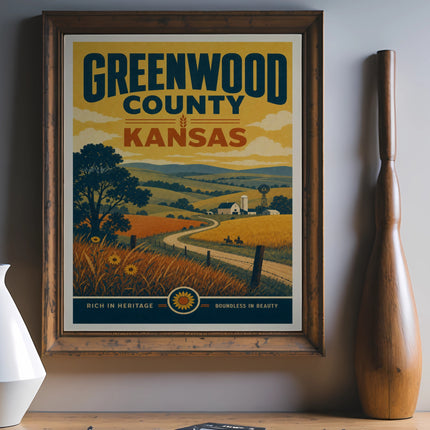 Greenwood County, Kansas travel poster with rolling hills and farm scene.