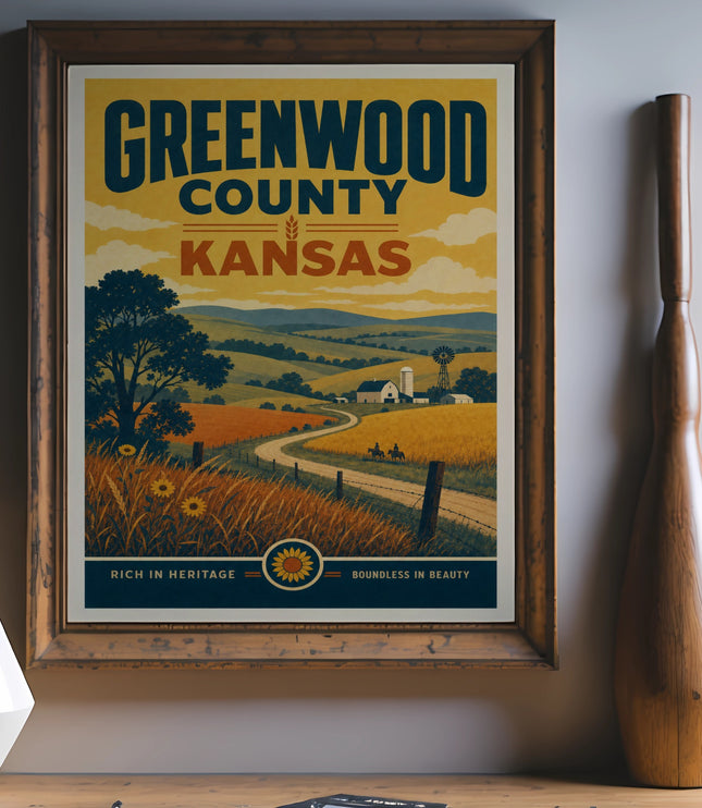 Greenwood County, Kansas travel poster with rolling hills and farm scene.