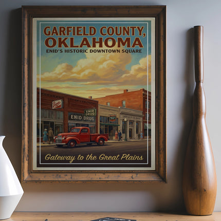 Garfield County, Oklahoma poster showing Enid's historic downtown square with a red truck.