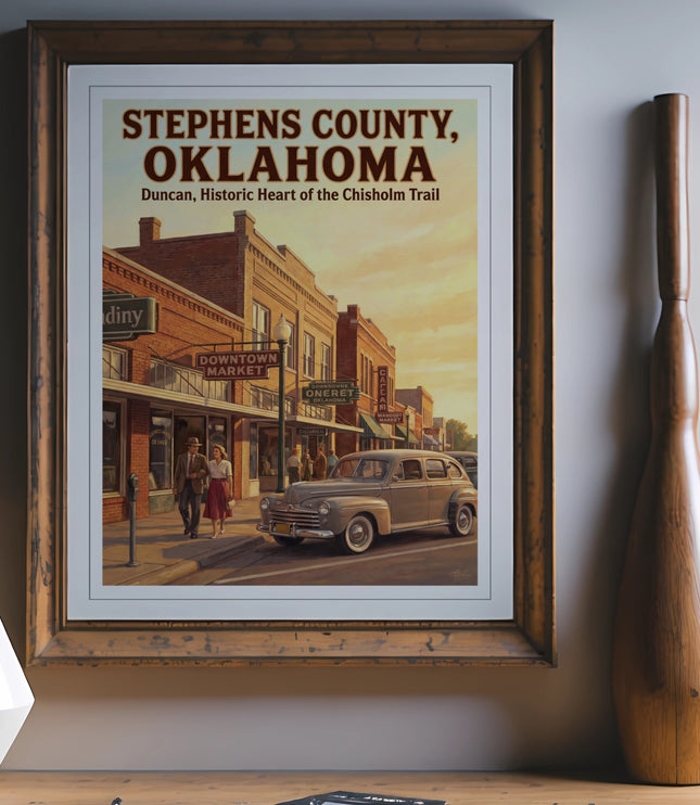 Vintage poster of Stephens County, Oklahoma, showing a street scene with a classic car.