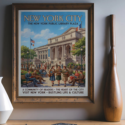 New York City Public Library Plaza vintage travel poster.
