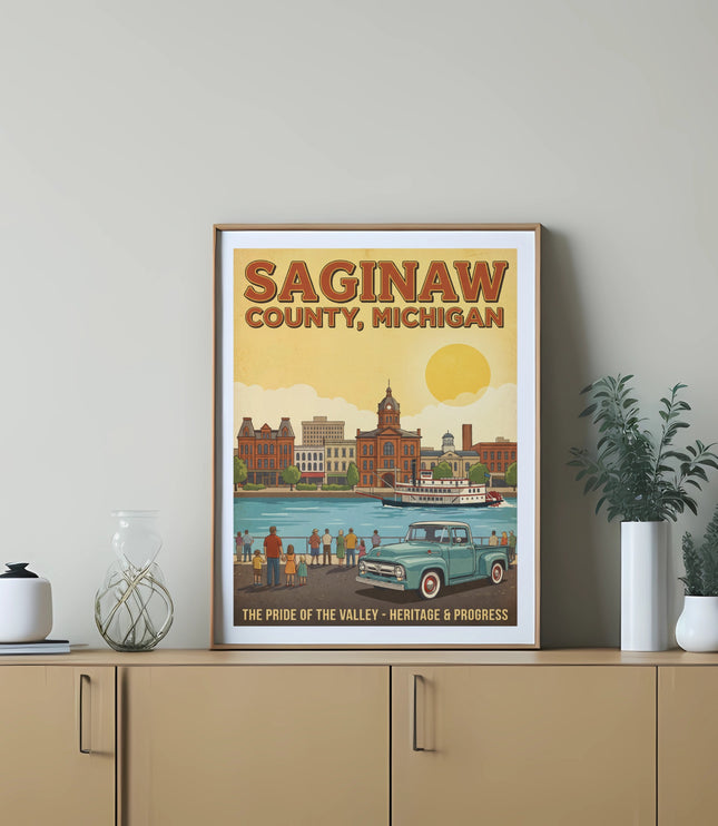 Saginaw County, Michigan retro travel poster with cityscape, river, and truck.