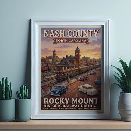 Nash County, North Carolina poster featuring Rocky Mount Historic Railway District.