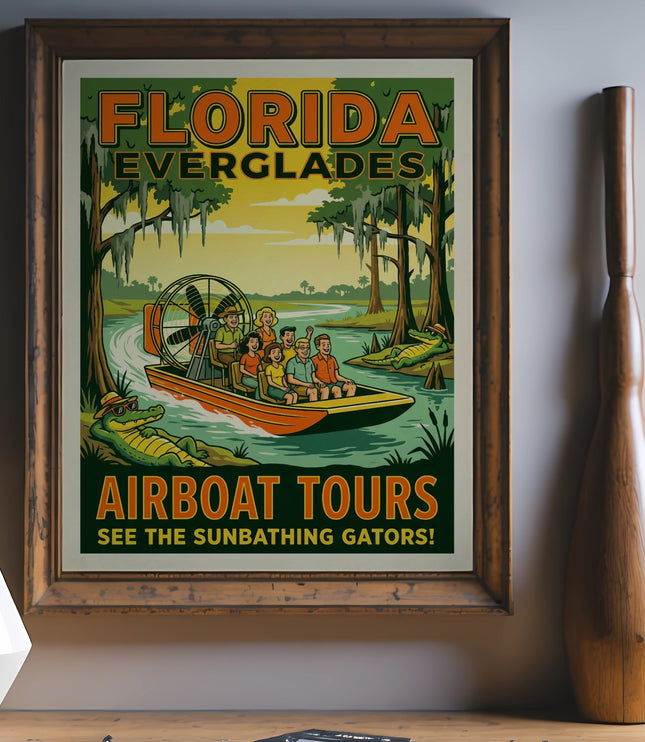 Florida Everglades airboat tours poster with people and sunbathing gators.