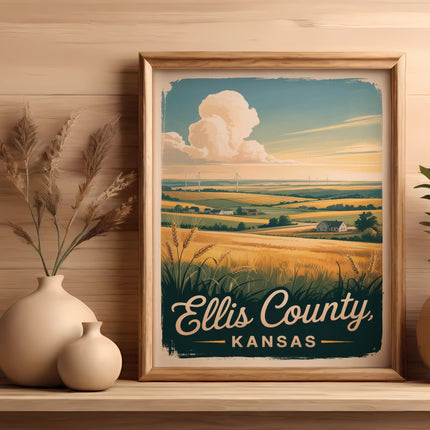 Framed poster of Ellis County Kansas landscape with fields and wind turbines.