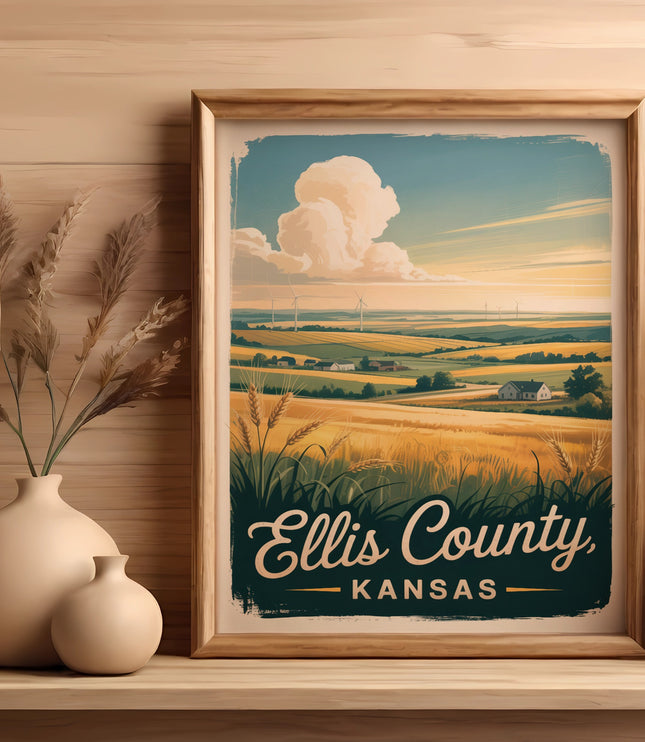 Framed poster of Ellis County Kansas landscape with fields and wind turbines.
