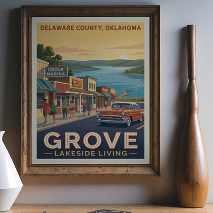 Retro art print for Grove, Oklahoma, depicting lakeside living with a classic car.