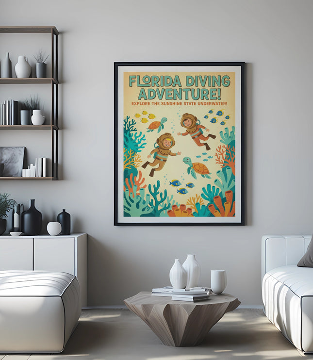 "Florida Diving Adventure!" poster with divers, sea turtles, and fish underwater.