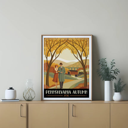 Retro poster of couple walking on path with autumn trees and text "PENNSYLVANIA AUTUMN 1930".