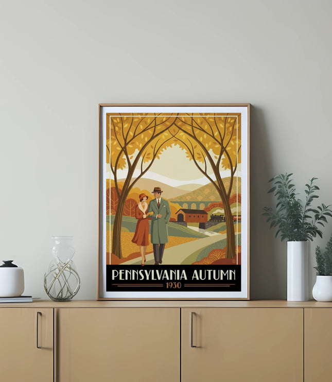Retro poster of couple walking on path with autumn trees and text "PENNSYLVANIA AUTUMN 1930".