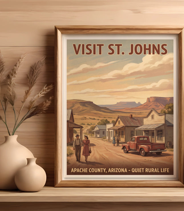 Vintage poster of "Visit St. Johns Apache County, Arizona - Quiet Rural Life."