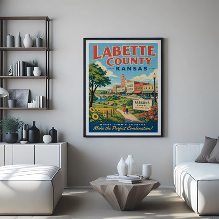 Vintage travel poster for Labette County, Kansas, featuring Parsons and sunflower fields.