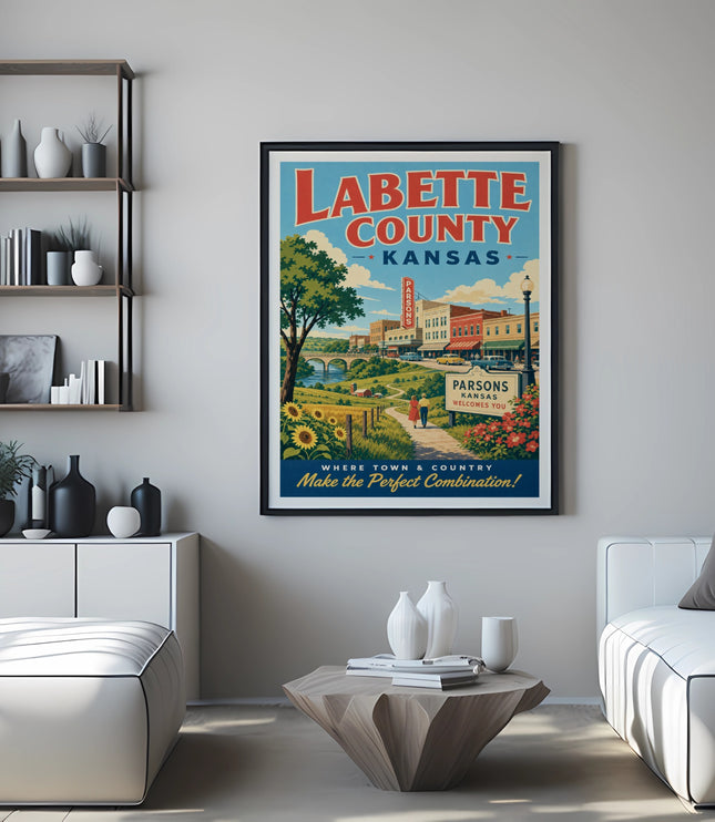 Vintage travel poster for Labette County, Kansas, featuring Parsons and sunflower fields.