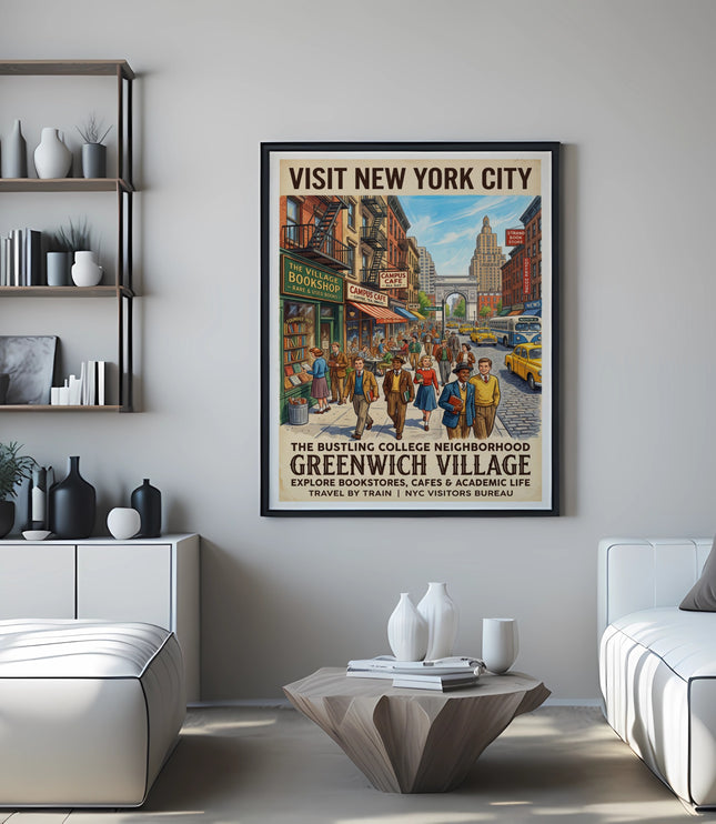 Vintage travel poster for Greenwich Village, NYC, featuring street scene and text.