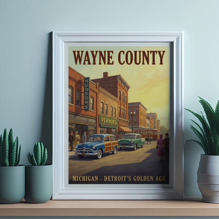Wayne County, Michigan - Detroit's Golden Age vintage poster with cars.