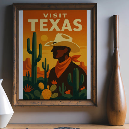 Vintage travel poster for Texas featuring a cowboy silhouette and desert landscape.