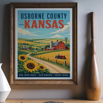 Osborne County Kansas vintage travel poster with farm and sunflowers.