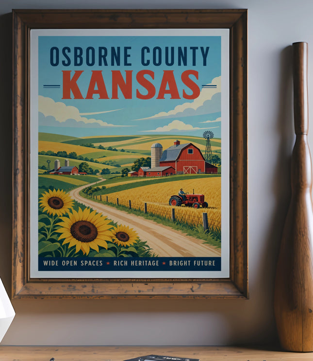 Osborne County Kansas vintage travel poster with farm and sunflowers.