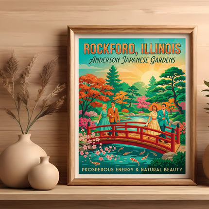 Vintage travel poster for Rockford, Illinois Japanese Gardens.