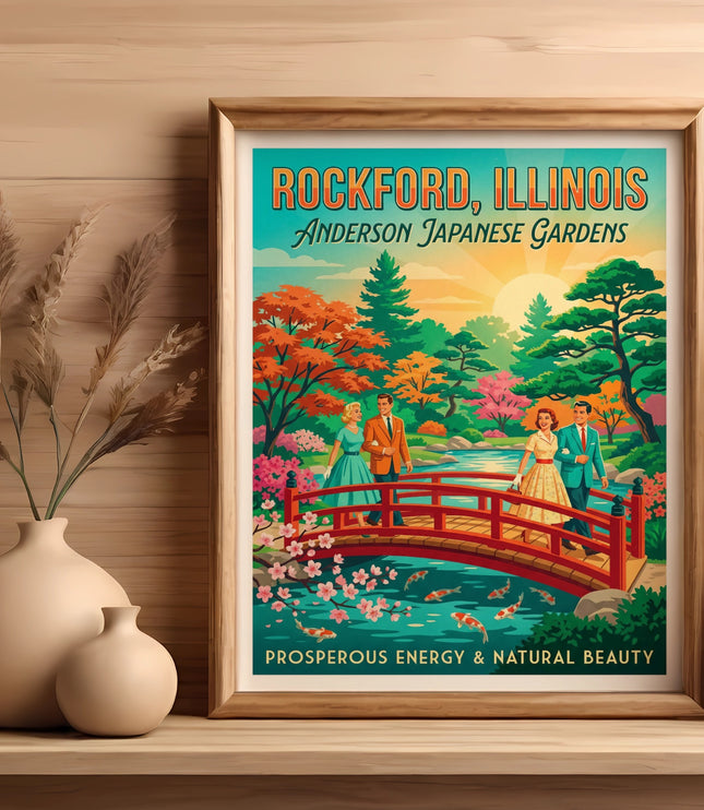 Vintage travel poster for Rockford, Illinois Japanese Gardens.