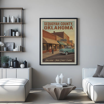 Sequoyah County, Oklahoma poster with vintage buildings, truck, and people.