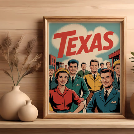 Vintage poster of smiling people with "Texas" text.