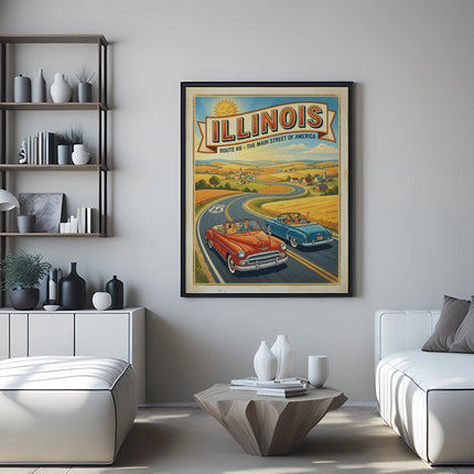 Vintage Illinois Route 66 poster with classic cars driving on a road.