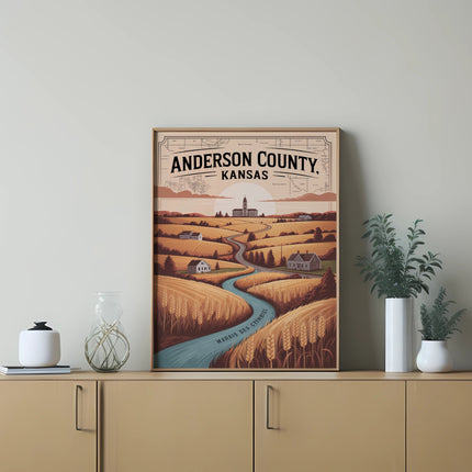 Anderson County, Kansas landscape illustration with a winding river and buildings.