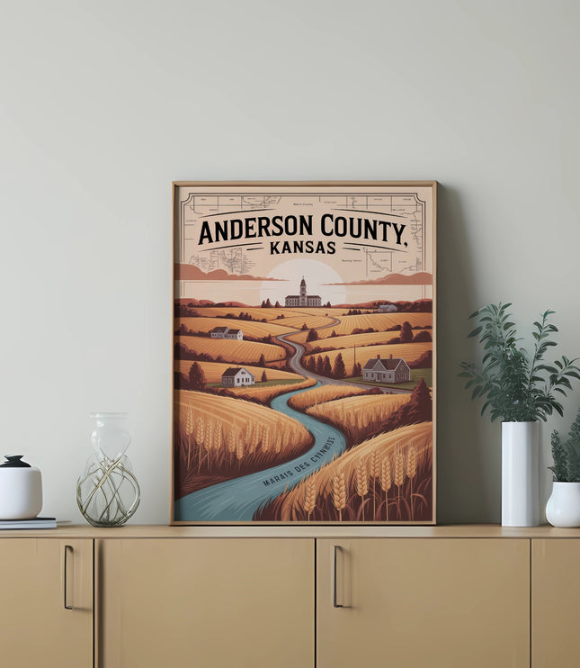 Anderson County, Kansas landscape illustration with a winding river and buildings.