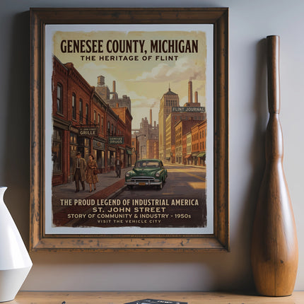 Genesee County, Michigan vintage poster of St. John Street in 1950s Flint.