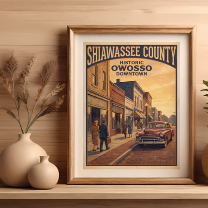Shiawassee County Historic Owosso Downtown poster featuring street scene and vintage car.