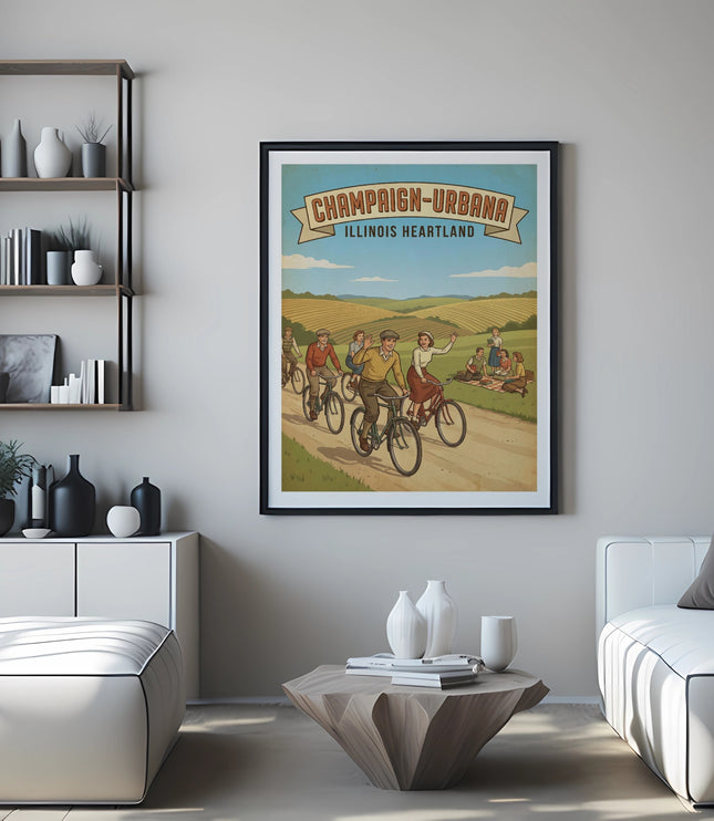 Champaign-Urbana Illinois Heartland vintage poster with people cycling and picnicking.