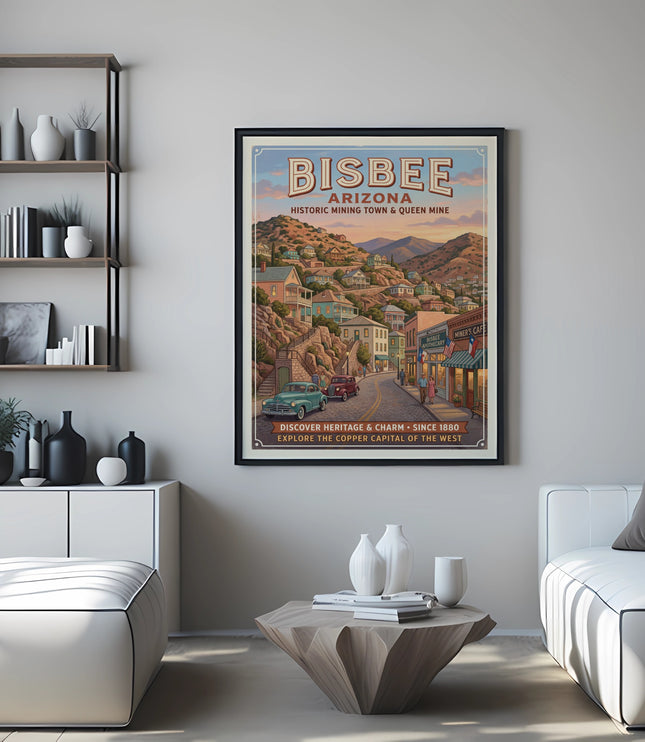 Bisbee, Arizona vintage travel poster with historic town and cars.