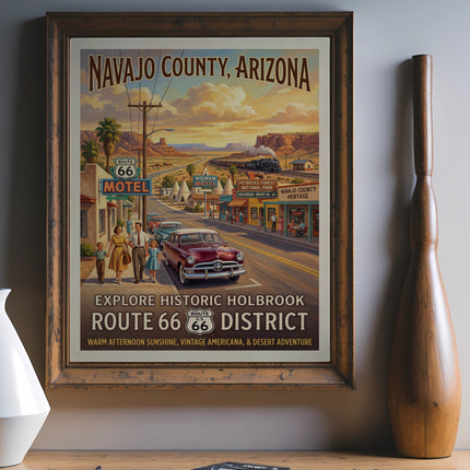 Navajo County, Arizona Route 66 Holbrook District vintage travel poster with train.