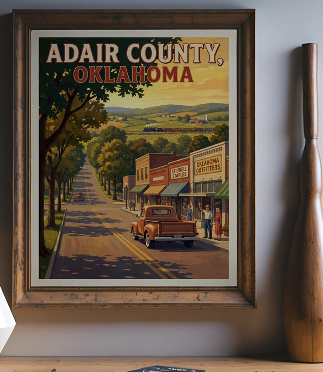 Adair County, Oklahoma vintage travel poster with a street scene and train.