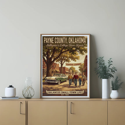 Payne County, Oklahoma retro poster with vintage car and people walking.