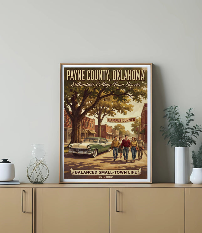 Payne County, Oklahoma retro poster with vintage car and people walking.