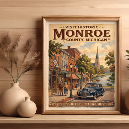 Vintage travel poster for Monroe County, Michigan, featuring a street scene with a car.