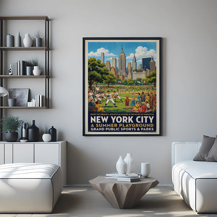 New York City summer playground poster with skyscrapers and park-goers.