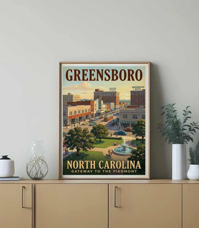 Greensboro, North Carolina vintage travel poster with city buildings, streetcar, and park fountain.