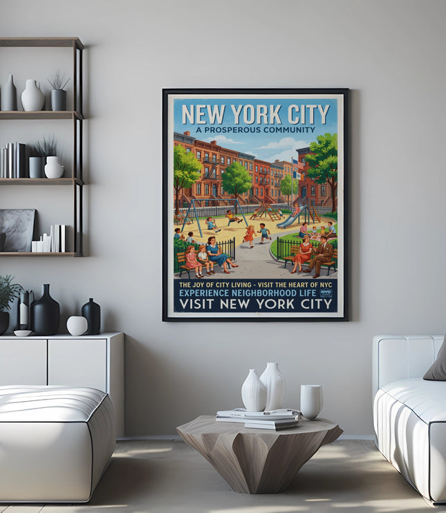 New York City poster depicting a playground scene.