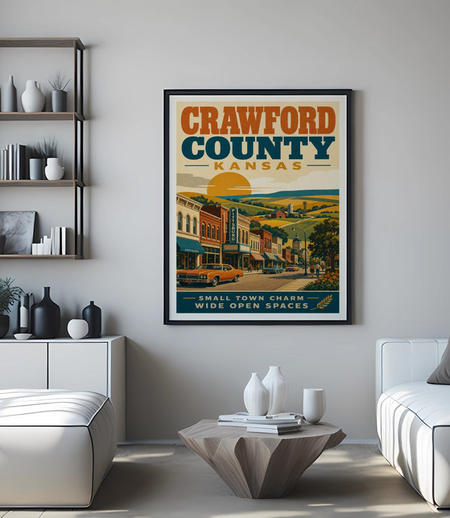 Framed poster advertising Crawford County, Kansas, with a vintage illustration.