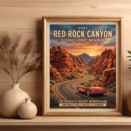 Vintage Red Rock Canyon Nevada travel poster with classic car.