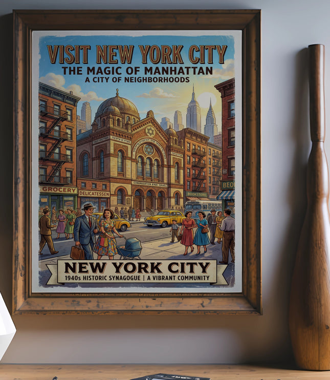 Vintage New York City poster featuring Congregation B'nai Israel and Manhattan skyline.