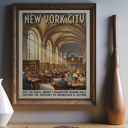 New York City library poster with people reading in a grand hall.